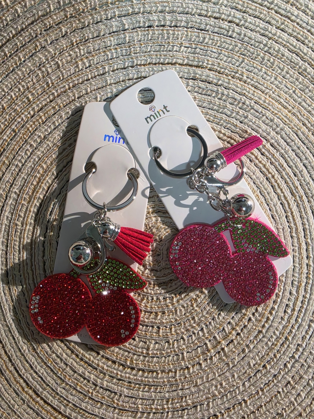 New Luxury Rhinestone Cherry Keychain 2-Piece Bundle - Cute Crystal Fruit Keyrin